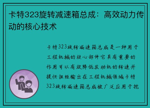 卡特323旋转减速箱总成：高效动力传动的核心技术